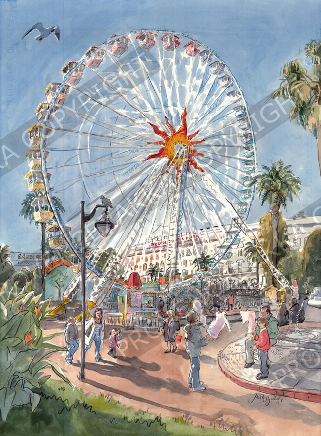 Nice Ferris wheel, water color painting, signed print - Click Image to Close